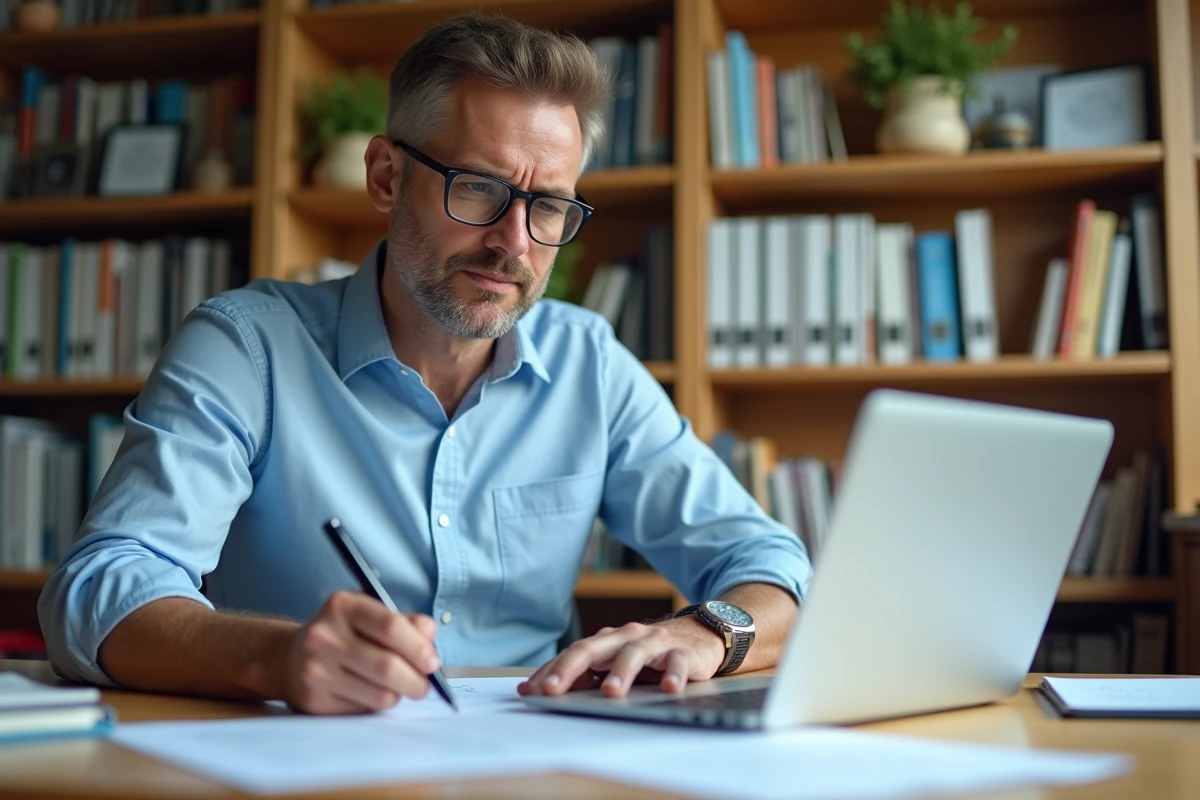 Homme consultant des documents administratifs pour le remboursement d'un stage de sensibilisation à la sécurité routière