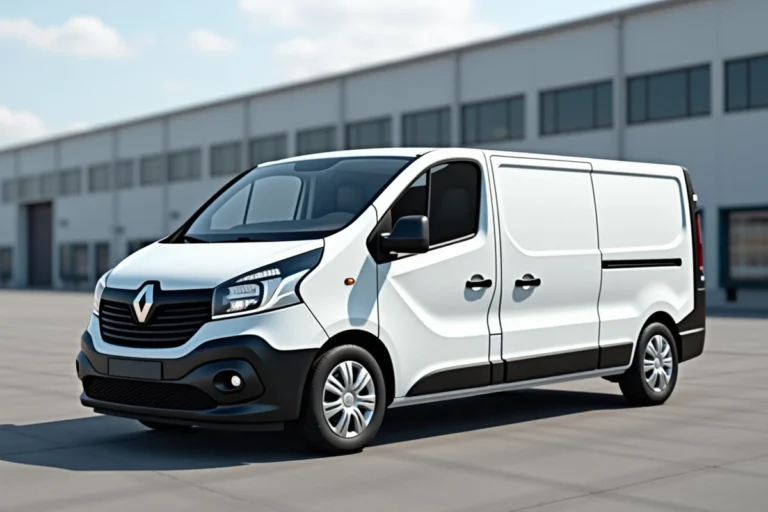 Renault Trafic L2H1 blanc garé de trois quarts avant pour illustrer ses dimensions extérieures