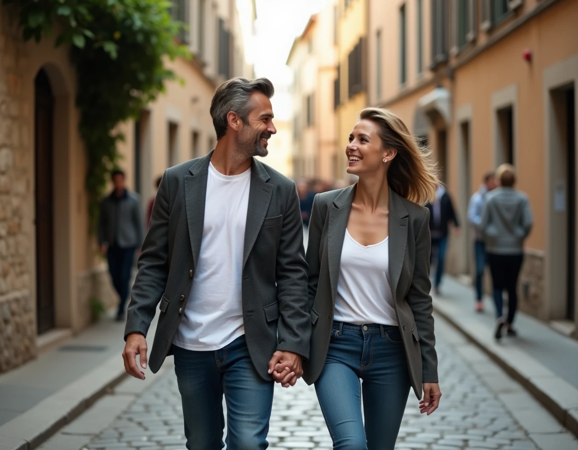 Couple romantique se promenant main dans la main dans une ruelle pavée européenne