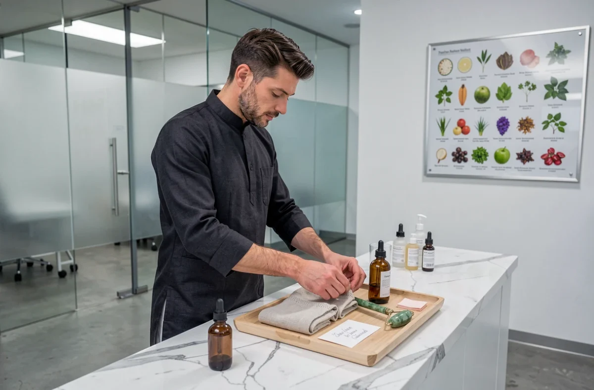 Thérapeute esthétique masculin préparant un kit bien-être personnalisé sur comptoir en marbre dans une clinique beauté moderne