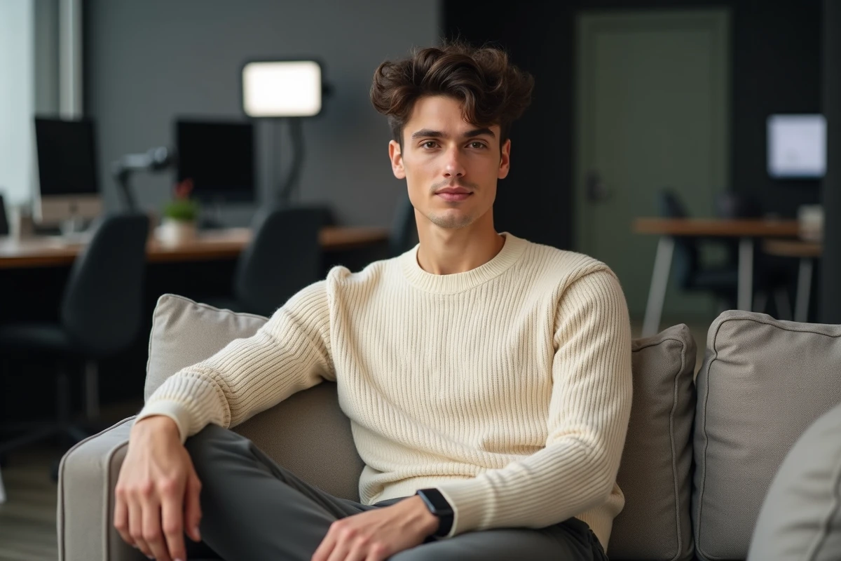 Jeune homme mince et grand assis dans un studio de tournage lors d'une interview, illustrant la silhouette longiligne et les proportions corporelles de Timothée Chalamet