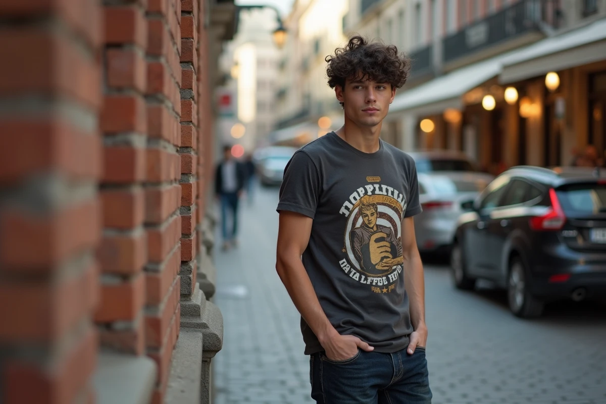 Jeune homme élancé en jean et t-shirt dans une rue urbaine, mettant en valeur la morphologie mince et la taille caractéristique de Timothée Chalamet