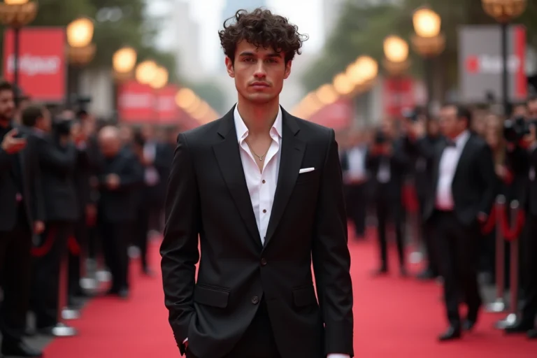 Jeune homme mince et grand en costume noir sur un tapis rouge, illustrant la silhouette et la stature de Timothée Chalamet
