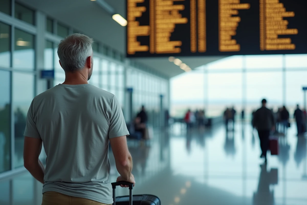 Voyageur consultant le tableau des départs d'un aéroport avec des vols vers Ajaccio et Bastia en Corse